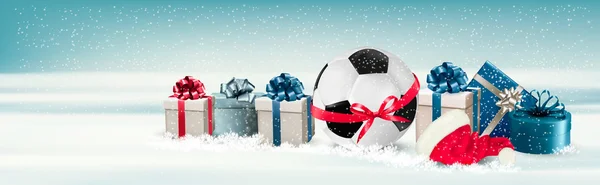 休日の贈り物とバナー ボックスとサッカー ボール。ベクトル — ストックベクタ