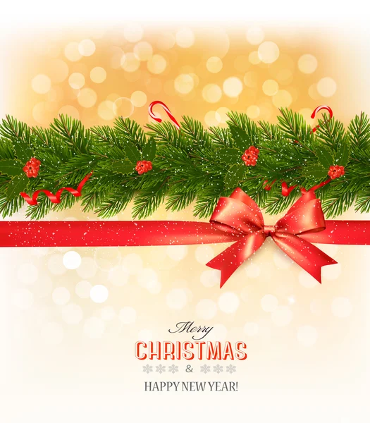 Merry Christmas card with a ribbon and christmas tree branch. Ve — Stock Vector