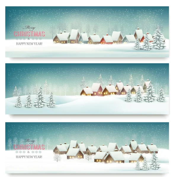 Holiday Kerstmis banners met dorpen. Vector. — Stockvector