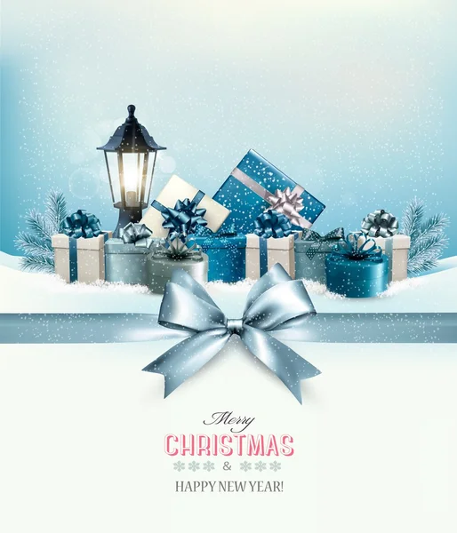 Feliz tarjeta de Navidad con una cinta y cajas de regalo. Vector . — Archivo Imágenes Vectoriales