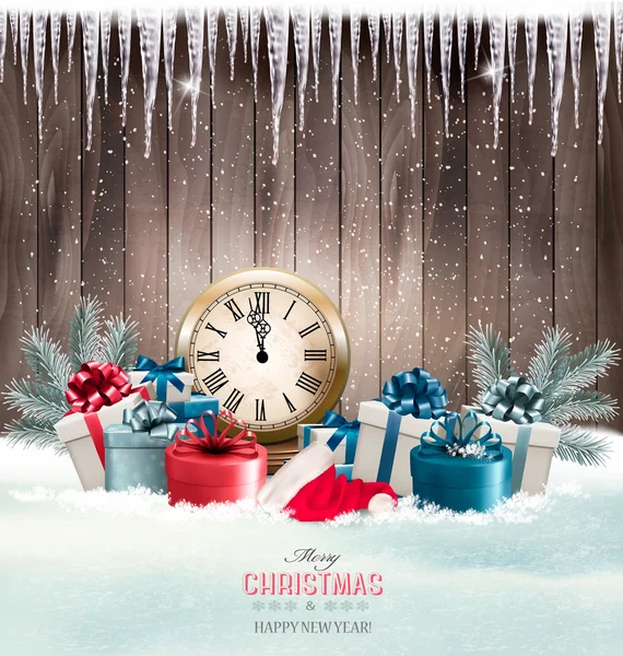 Fondo de invierno con regalos y reloj. Vector . — Vector de stock