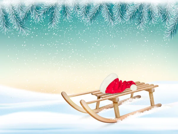 Christmas holiday background with Santa hat and a sleigh. Vector — Stock Vector