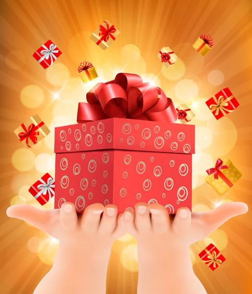 Holiday background with hands holding gift boxes. Concept of giv — Stock Vector