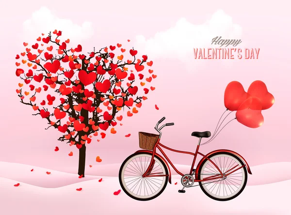 Valentine's Day background with a heart shaped tree and a bicycl — Stock Vector