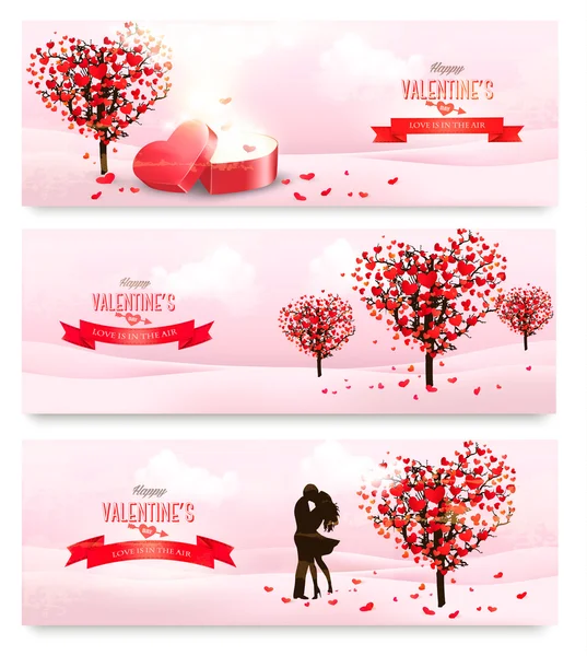 Banderas retro navideñas. Árboles de San Valentín con hojas en forma de corazón . — Vector de stock