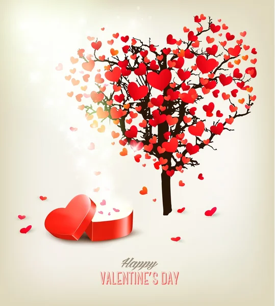 Heart shaped tree and a gift box. Valentine's day background. Ve — Stock Vector