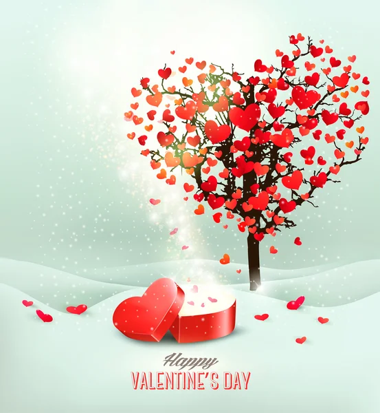 Valentine`s day background with an open red gift box. Vector. — Stock Vector