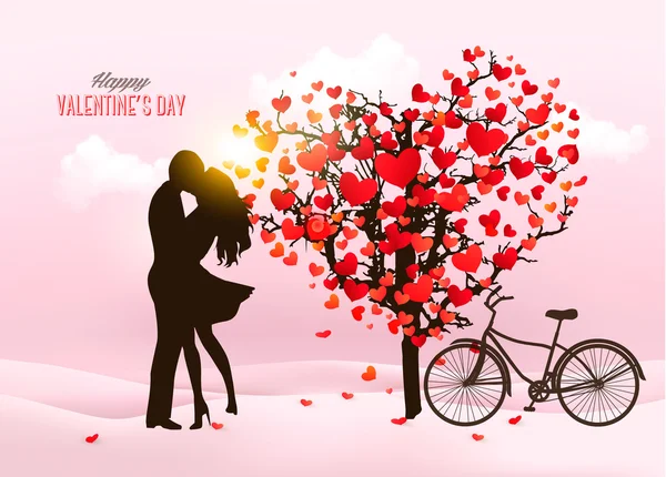 Valentine's Day background with a kissing couple silhouette, hea — Stock Vector