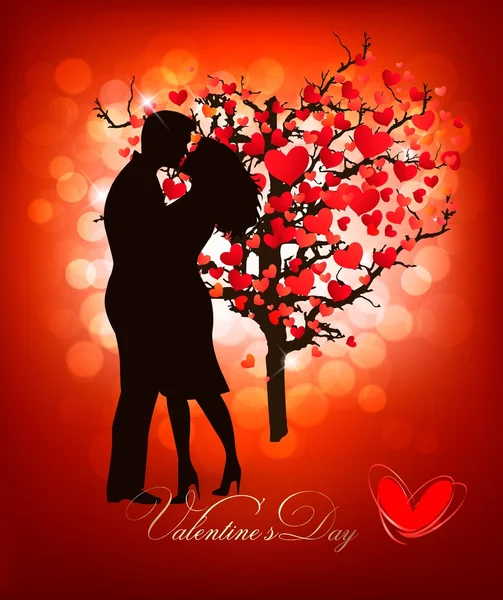 Valentine's Day fond avec une silhouette de couple baiser et — Image vectorielle