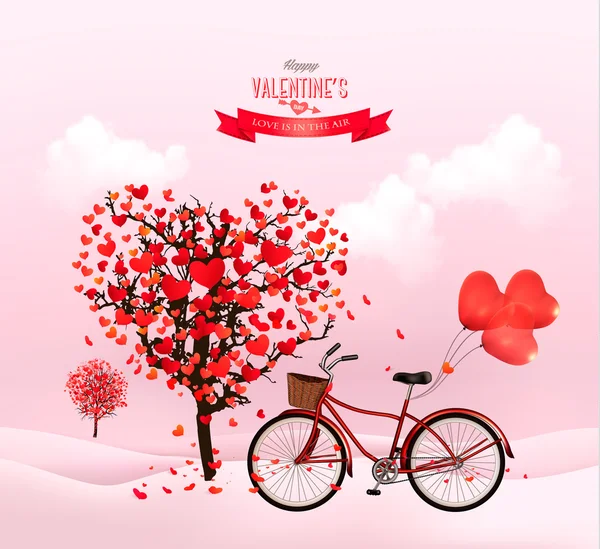 Φόντο ημέρα του Αγίου Βαλεντίνου με ένα δέντρο σε σχήμα καρδιάς και ένα bicycl — Διανυσματικό Αρχείο