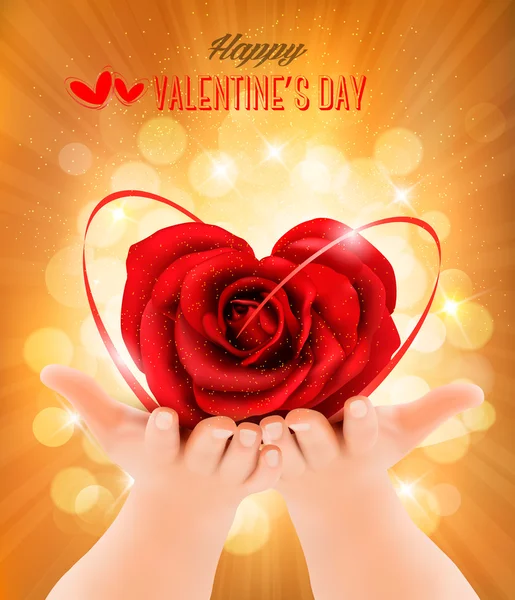 Valentine`s day background. Hands holding heart shaped rose . Ve — Stock Vector