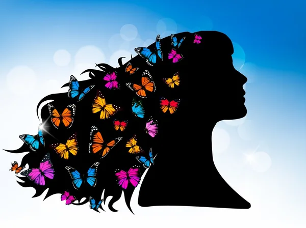 Hermosa silueta de mujeres con mariposas de colores en la cabeza — Vector de stock