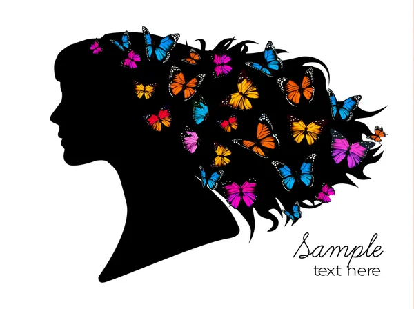 Schöne Frauensilhouette mit bunten Schmetterlingen im Kopf — Stockvektor