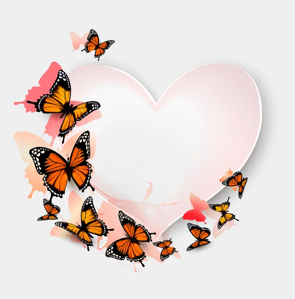Přání s barevnými motýly a srdcem. Valentý — Stockový vektor