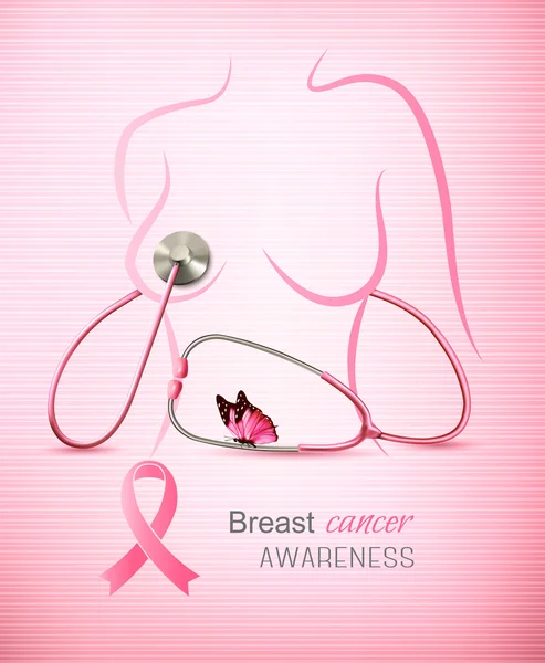 Ilustração do câncer de mama com uma fita de conscientização e um esteto — Vetor de Stock