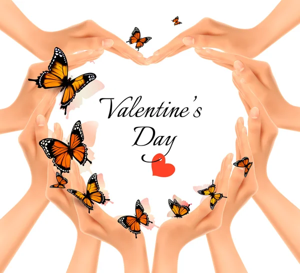 Valentine's day background. Hands in a shape of a heart with but — Stock Vector