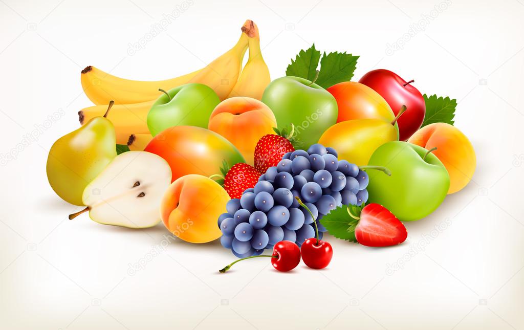 Fresh juicy fruit and berries isolated on white background. Vect