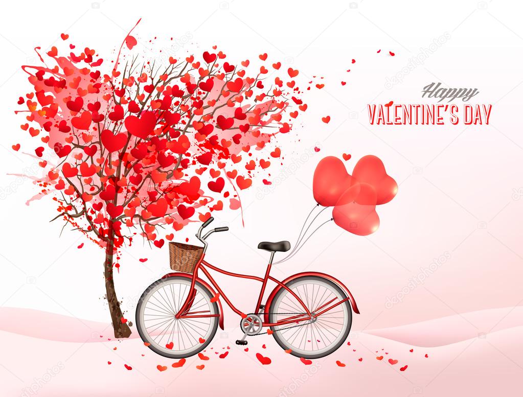 Valentine's Day background with a heart shaped tree and a bicycl