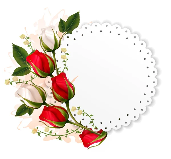 美丽的节日卡与红色和白色的玫瑰花。矢量. — 图库矢量图片