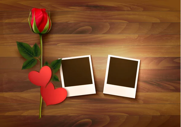 Fondo del día de San Valentín con dos fotos, corazones y una rosa . — Vector de stock