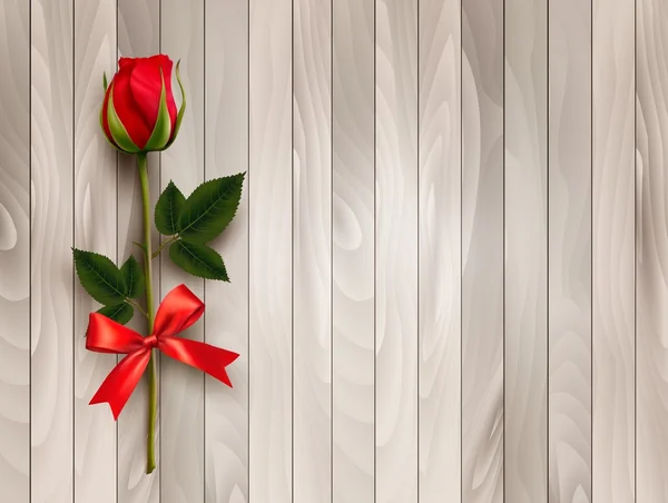 Feliz día de San Valentín. Hermosa rosa roja y arco de regalo en madera — Archivo Imágenes Vectoriales