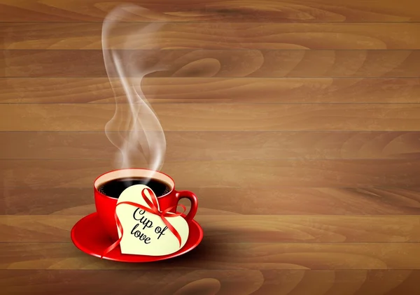 Taza roja de café con una nota de San Valentín en forma de corazón en madera b — Vector de stock