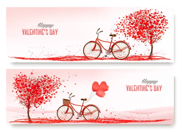 Valentine's Day banners with a heart shaped tree and a bicycle. — Stock Vector