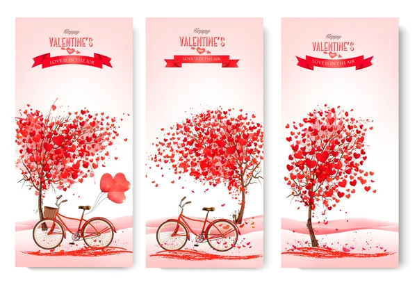 Tre alla hjärtans dag banners med rosa träd och cyklar. Vektor. — Stock vektor