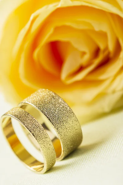 Yellow rose with two elegant wedding rings — Stock Photo, Image