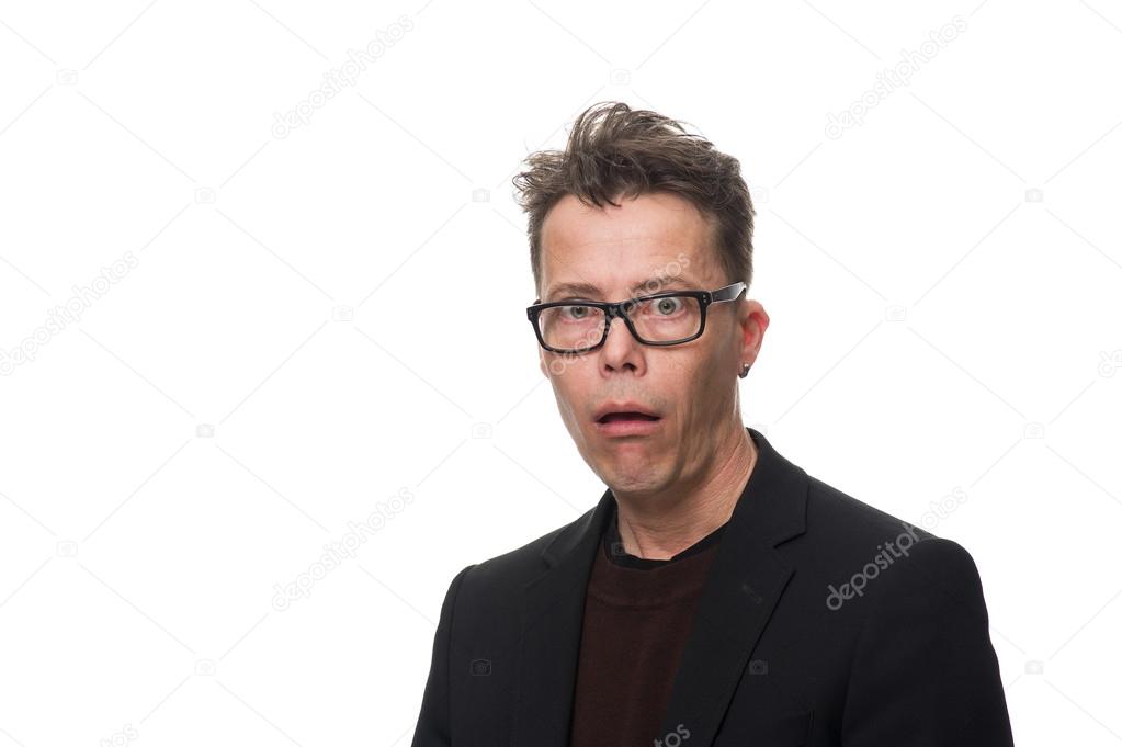 Shocked Businessman with Glasses Looking at Camera