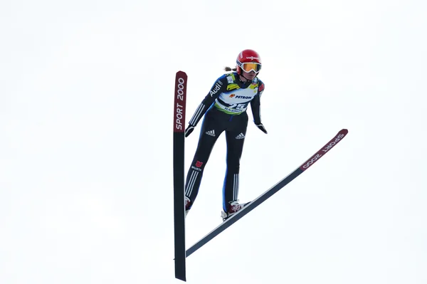 Rasnov, Romania - March 1: Unknown ski jumper competes in the FI — Stock Photo, Image