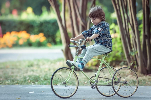 Menino feliz com bicicleta no parque de outono — Fotografia de Stock