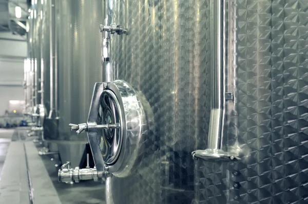 Stainless steel fermenters used to make wine — Stock Photo, Image
