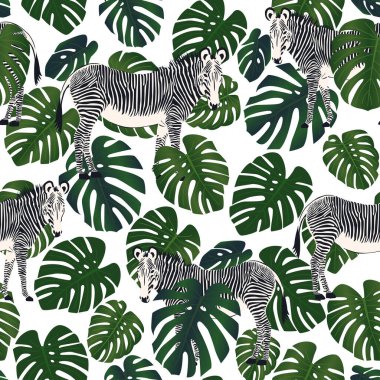 Bitki yaprakları ve zebra hayvanlarıyla kusursuz tropikal desen. Vektör illüstrasyonu, tekstil baskısı.