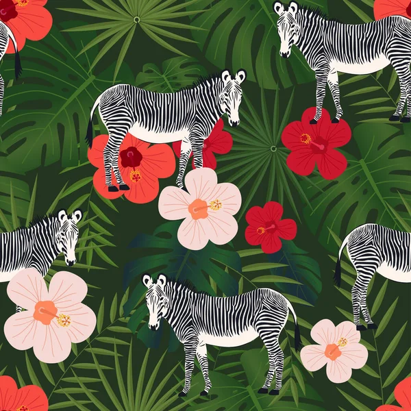 stock vector Seamless tropical pattern with plant leaves and zebra animals. Vector illustration, textile print.