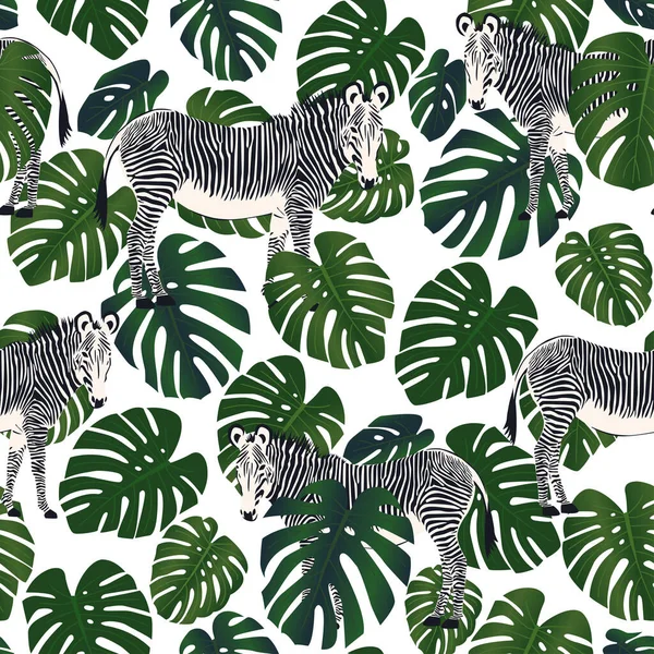 Patrón Tropical Sin Costuras Con Hojas Plantas Animales Cebra Ilustración — Vector de stock