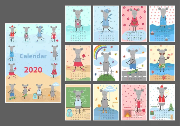 每月创意日历2020可爱的手绘老鼠 矢量可编辑模板 中国历法中的一年符号 卡通片孤立无援矢量图解 病媒A3 — 图库矢量图片#