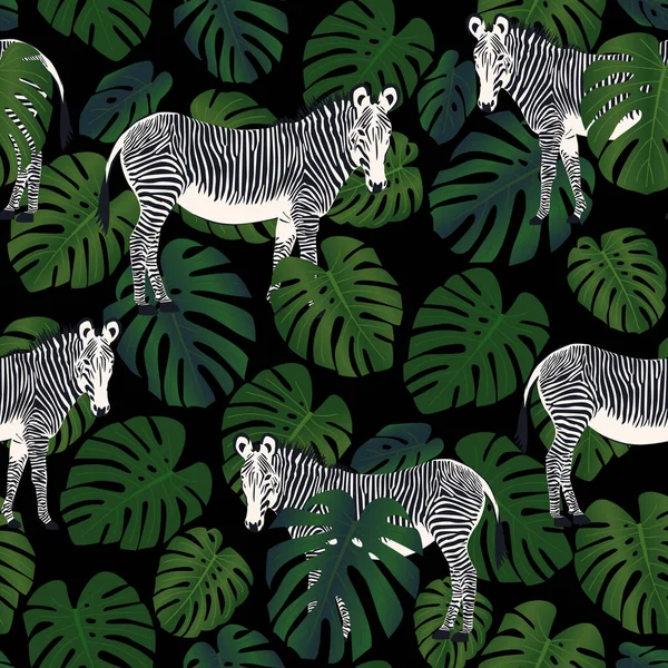 Naadloos Tropisch Patroon Met Plantenbladeren Zebradieren Vector Illustratie Textiel Print Rechtenvrije Stockvectors