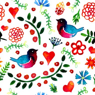 kuşlar, çiçekler ve kalpleri desen