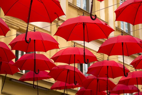 Red umbrellas covering a street in Belgrade, parasols used as street decoration — Stock Photo, Image