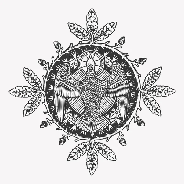Ícone de águia gravura vetorial com uma coroa de flores círculo — Vetor de Stock