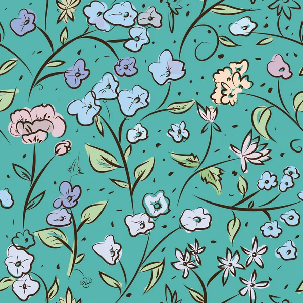 Diminutas flores de primavera garabato dibujo patrón — Vector de stock