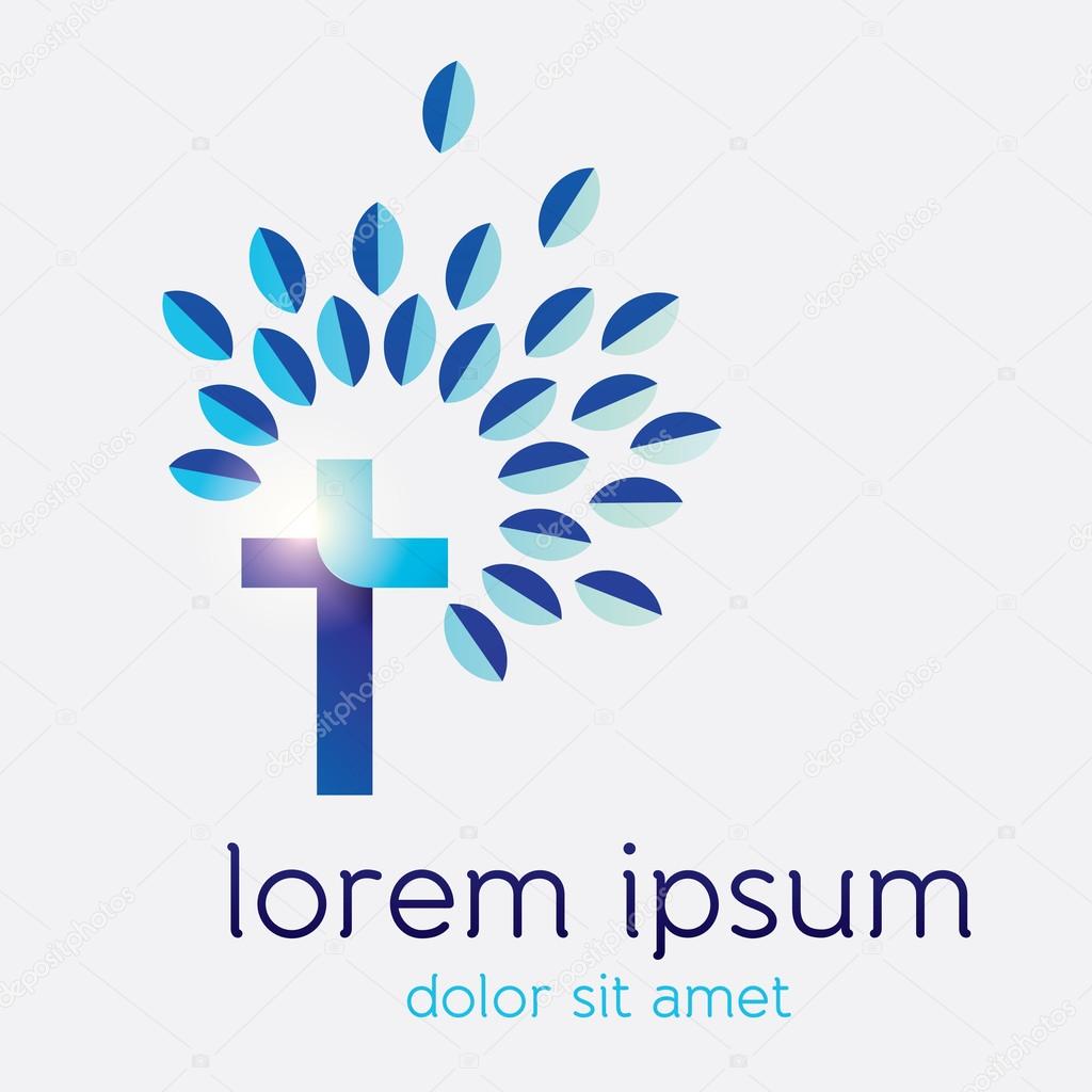 Abstract cross sign with flourishing leaves and shiny light effect, nature and faith creative concept design element