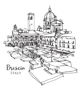 Vector hand drawn sketch illustration of Brescia, the second largest city of Lombardy, Italy. View from Piazza del Mercato, the Saturday Market clipart