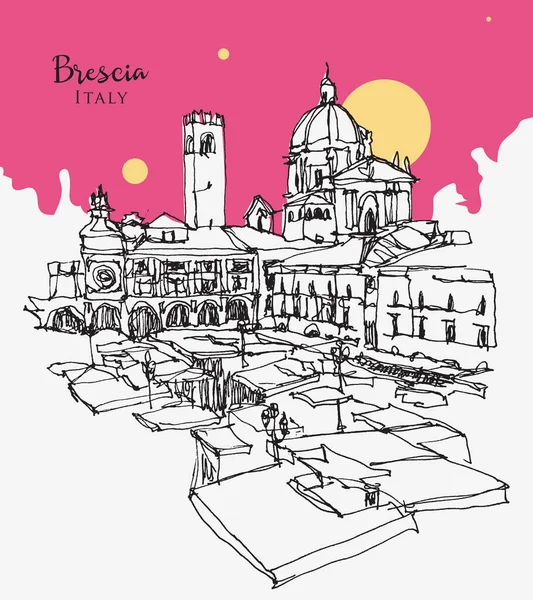 矢量手绘了意大利伦巴第第二大城市布雷西亚的草图 星期六街市Mercato广场的观景 — 图库矢量图片