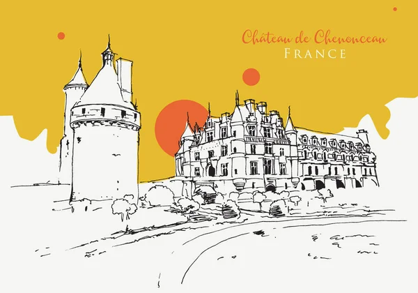 Wektor Ręcznie Rysowany Szkic Ilustracji Chateau Chenonceau Dolinie Loary Francji — Wektor stockowy