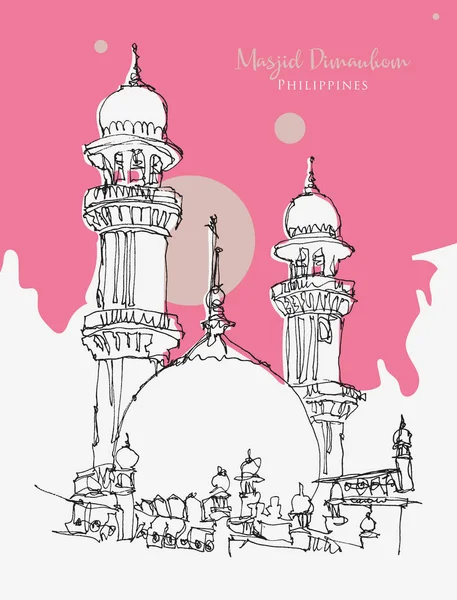 Vector Hand Getekend Schets Illustratie Van Masjid Dimaukom Roze Moskee — Stockvector