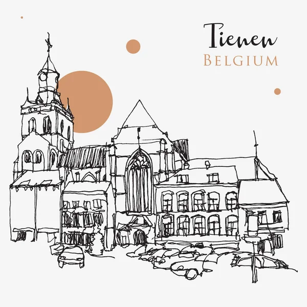 ベルギー ティエンヌのベクトル手描きスケッチイラスト — ストックベクタ