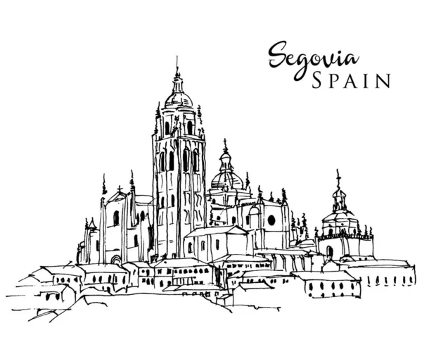 Vektorový Ručně Kreslený Náčrt Katedrály Segovia Španělsko — Stockový vektor