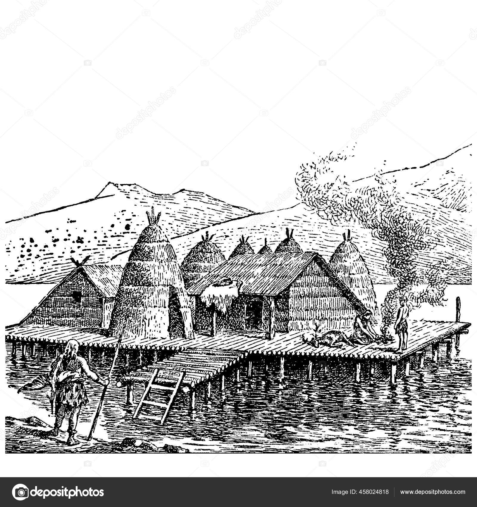 Vintage Engraving Style Vector Illustration Stilt House Built Water